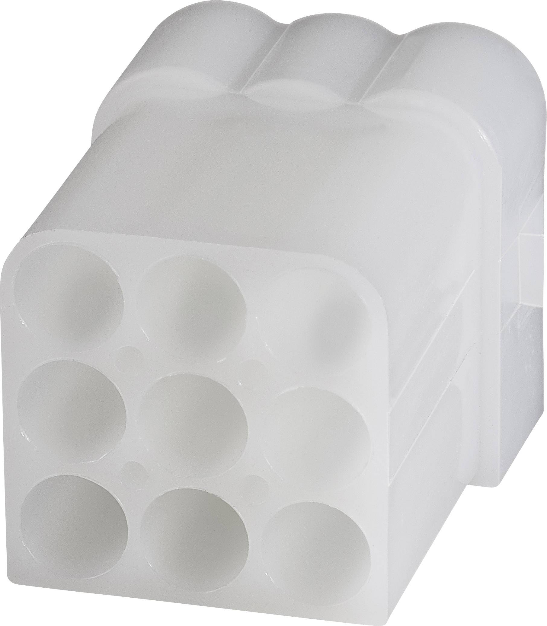 White, rectangular plastic plug with multiple round socket slots, suitable for electronic connections.