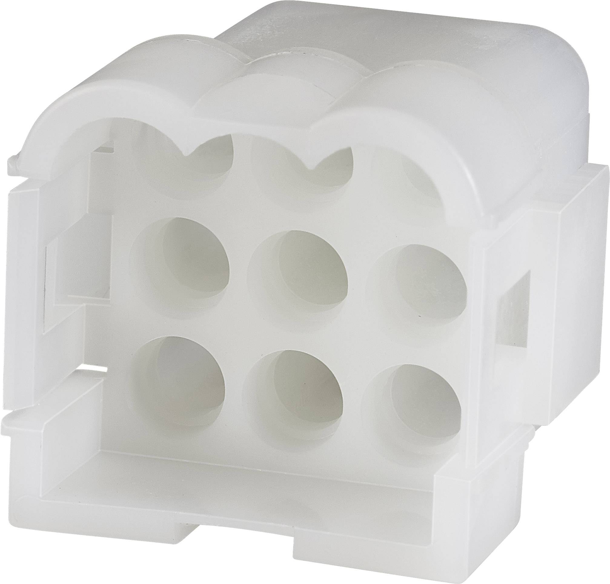 White, square plastic connector with nine openings.