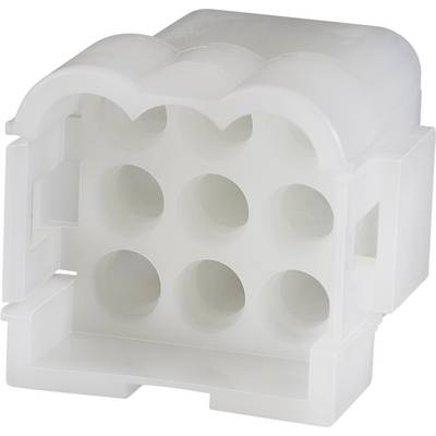 White, square plastic connector with nine openings.