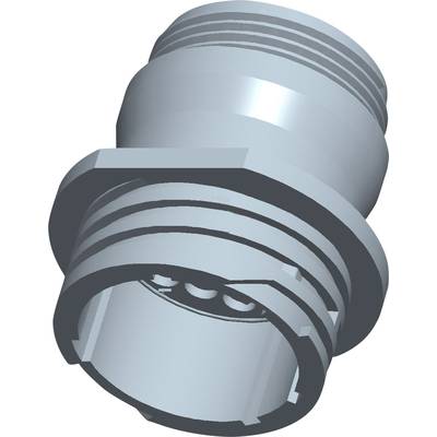 A grey, technical component with threading and plug connections. Possibly part of a larger mechanical system.