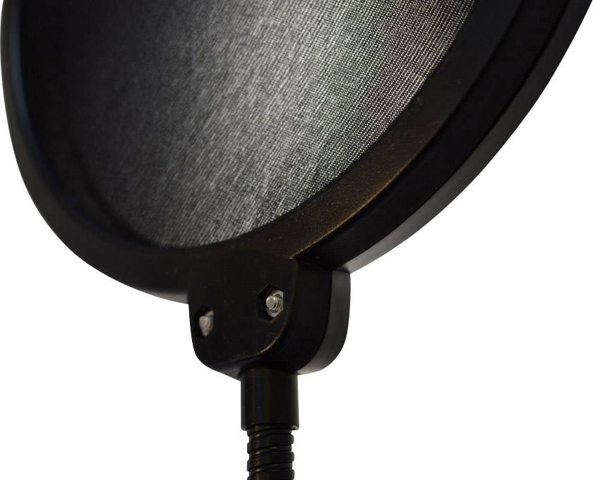 Microphone pop shield, round, attached to a flexible swing arm, reduces disruptive sounds during audio recordings in studio environments.