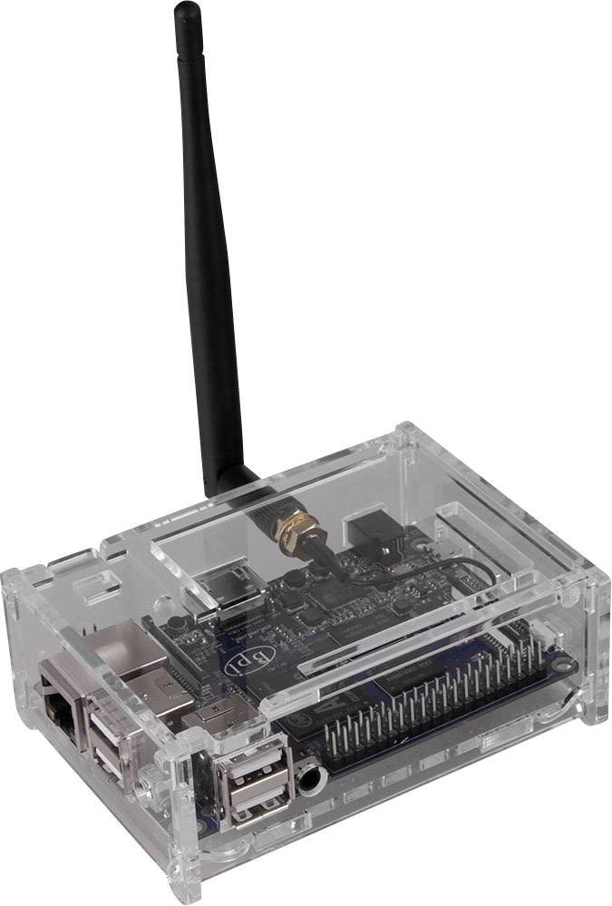 A transparent enclosure with a small computer installed inside and a long antenna, used for wireless communication.