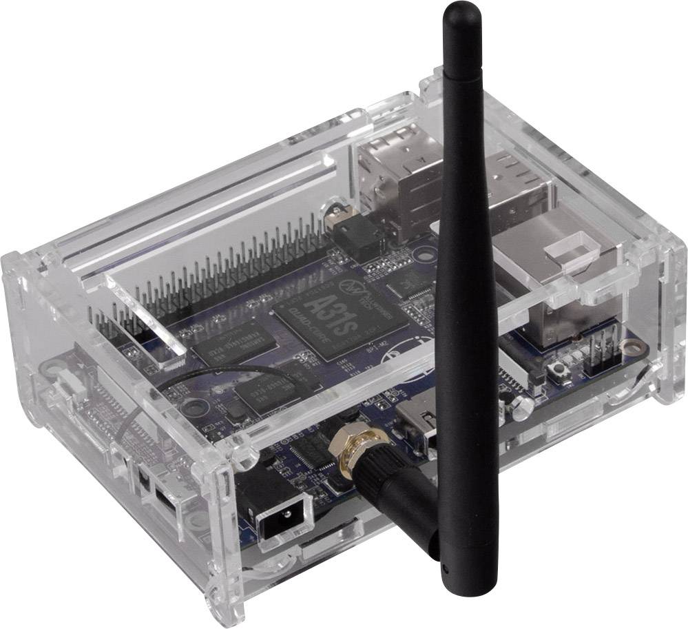 A single-board computer in a transparent case with a connected antenna, suitable for wireless connections.