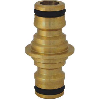 A gold-coloured hose adapter with two black sealing rings, suitable for connecting garden hoses.