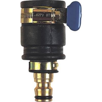 A black quick-release coupling with a brass connector and blue lever, used for rapidly connecting hoses or pipes.