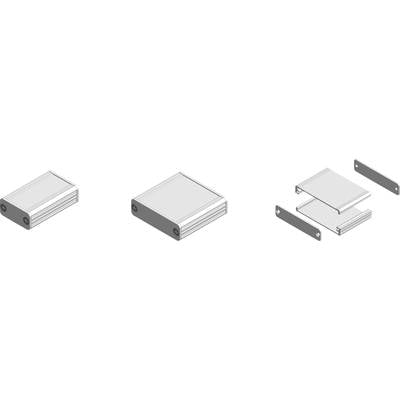 Three illustrations of a rectangular metal enclosure: left closed, centre partially open, right in individual components.