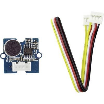 Sensor circuit board with integrated microphone on the left; a multi-coloured cable with plug on the right. Used in electronic circuits.