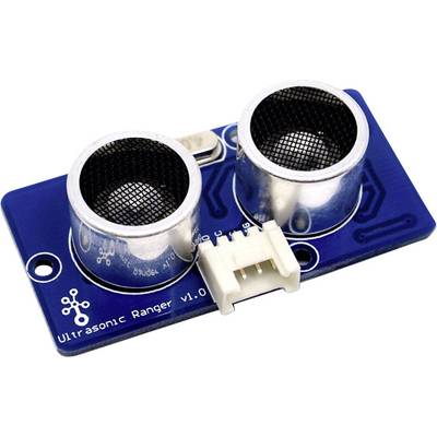 Ultrasonic sensor module on a blue circuit board with two round sensors and a white connection socket.