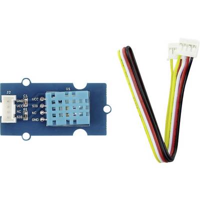 A blue sensor module with a grid and a connected four-core cable with connectors. Used for detecting temperature and humidity.