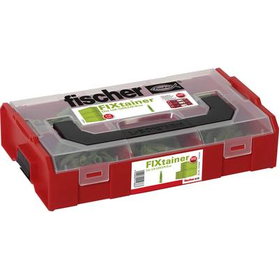Red toolbox 'fischer FIXtainer' with transparent lid, filled with green wall plugs.