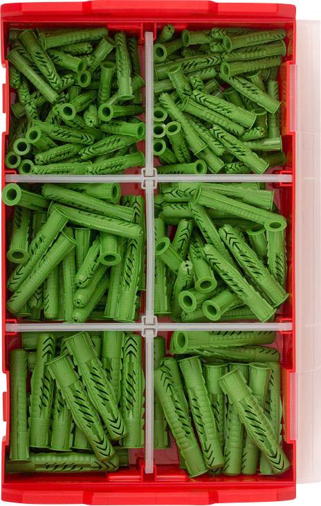 A red plastic box organised into six compartments with green wall plugs.