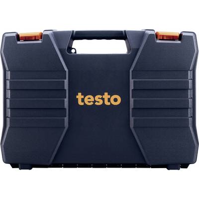 Black transport case with orange 'testo' logo, two orange snap fasteners and a handle on top.