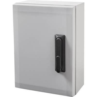 Grey and white metal cabinet with a black handle, suitable for securely storing devices or documents indoors.