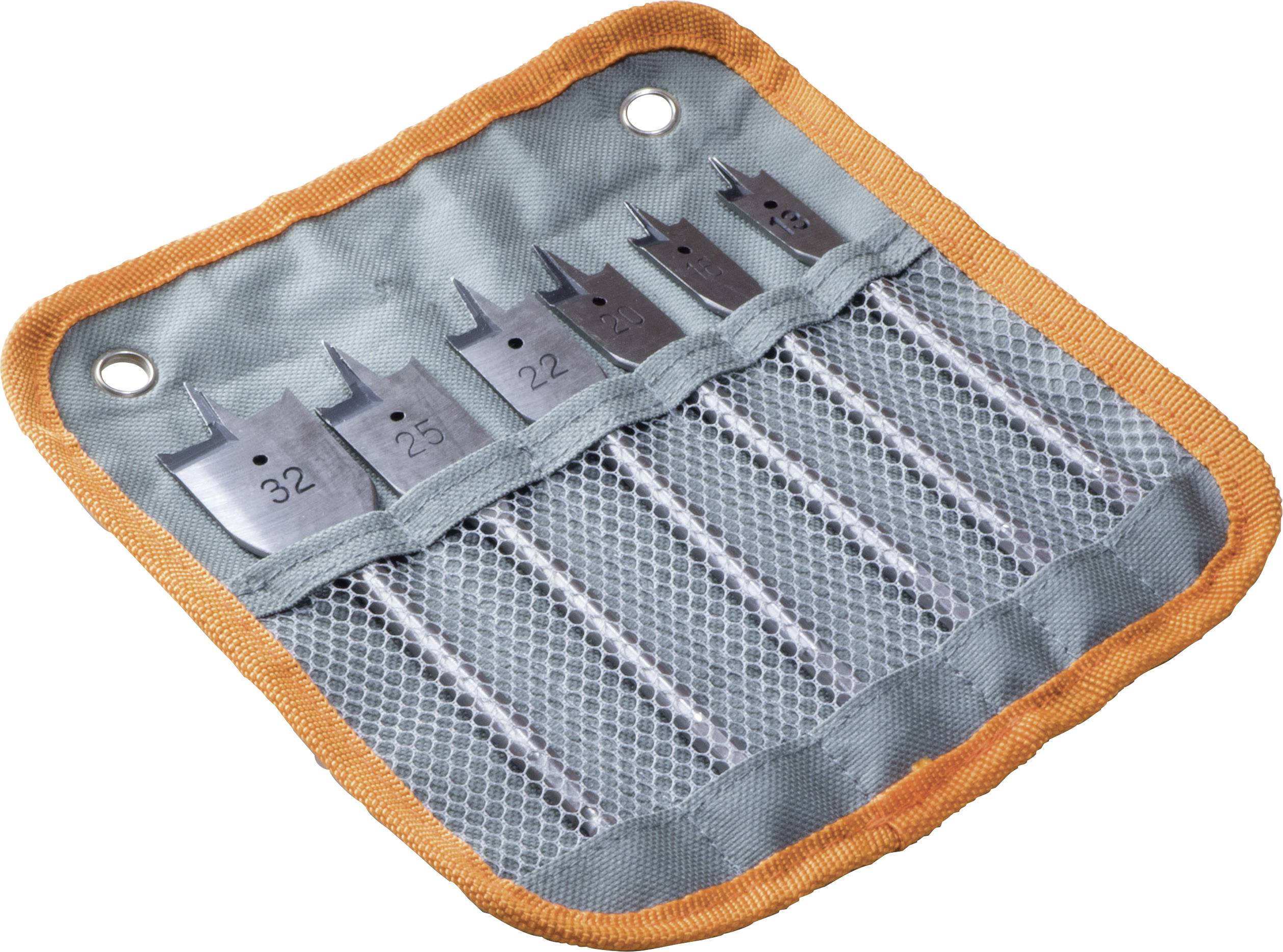 A set of six flat milling drill bits in a grey fabric pouch with an orange border. The sizes range from 12 to 32 mm.