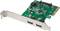 A green PCIe expansion card with two blue USB ports, electronic components, and a black connector, positioned horizontally.