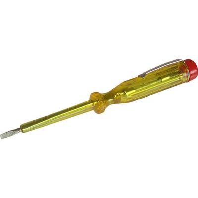 Phase tester with a transparent, yellow handle and metal tip, used for electrical current testing in fuse boxes and electrical sockets.