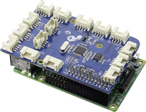A blue electronic PCB module with white connectors and various components, mounted on a green circuit board.