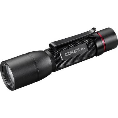 A black torch with a clip and red ring, marked 'COAST HX5'. It has a knurled surface for improved grip.