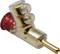 Plug with a transparent plastic housing and red element. Golden contacts for electrical connections visible.