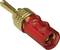 A gold-plated banana plug with a red plastic casing, used for securely connecting audio cables to speakers.