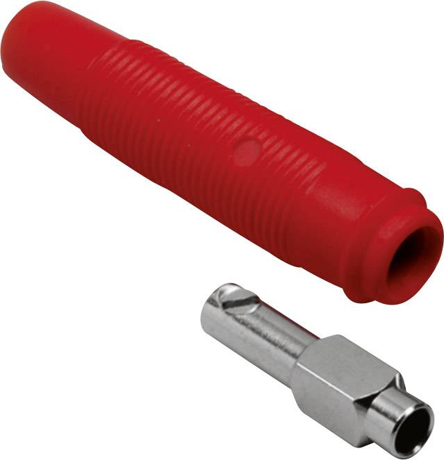 'Red plastic plug and silver metal adapter'