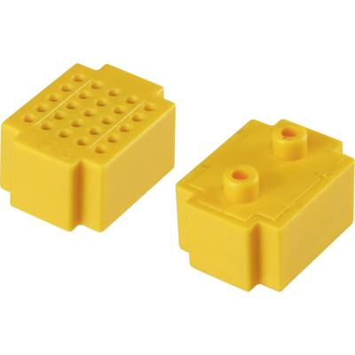 Yellow building blocks with holes on one side and studs on the other, similar to Lego bricks.