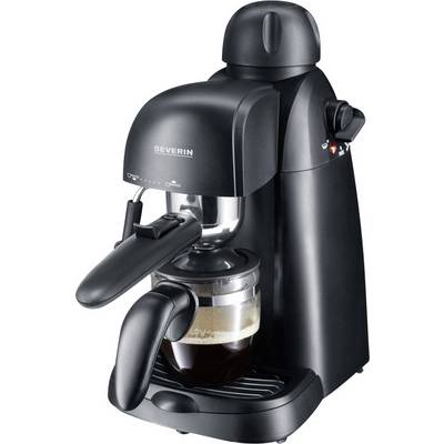 Black espresso machine with silver accents, an espresso cup with freshly brewed coffee underneath.