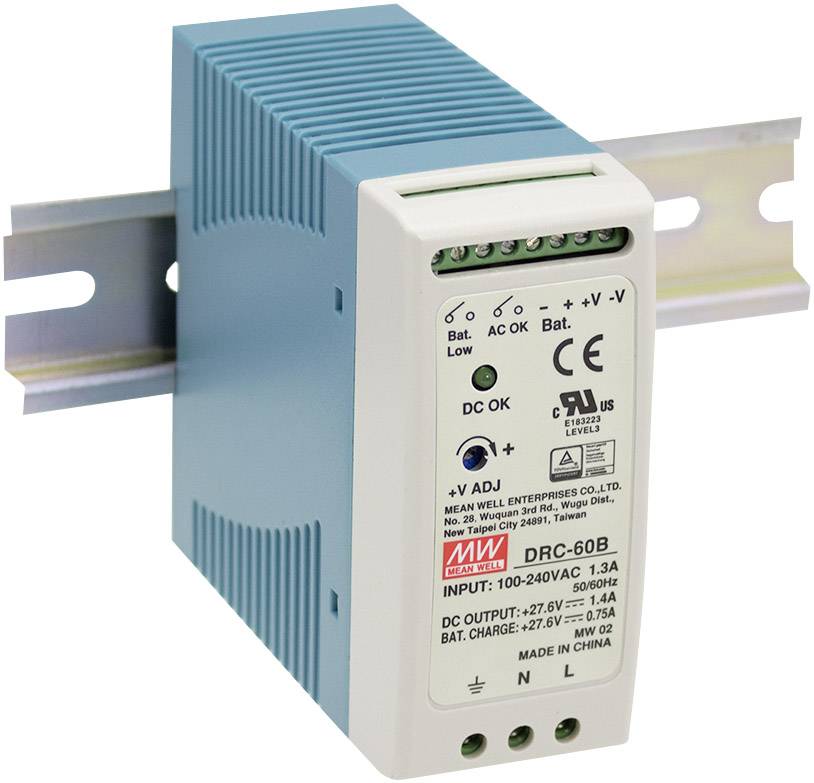 A DIN rail power supply, labelled with input voltage 100-240V AC, output 27V DC, current rating 1.3A.