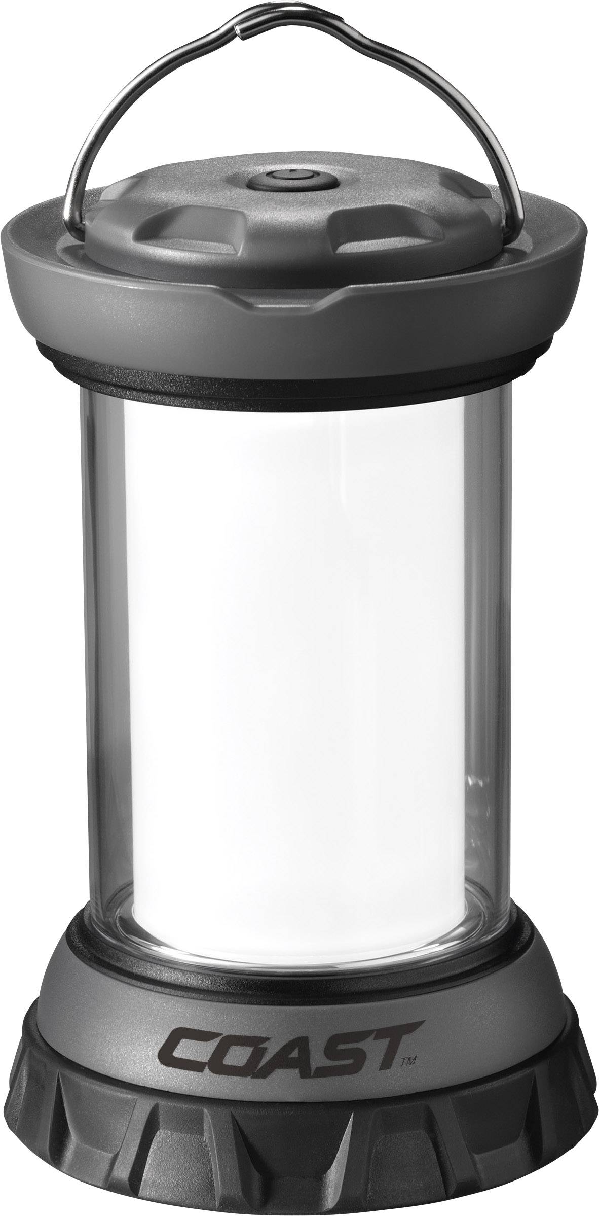 Grey, portable lantern with a handle. It illuminates in the centre, with the brand name 'COAST' printed at the bottom.