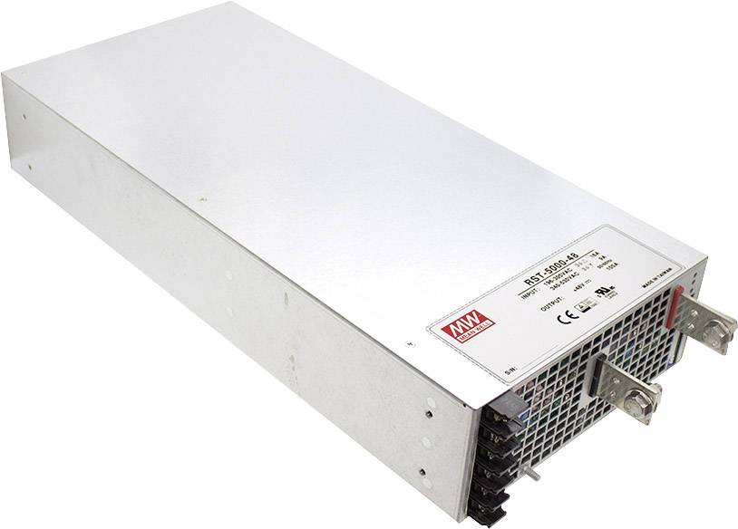 A rectangular power supply unit with ventilation grille and multiple ports on the front panel, displaying technical specifications and logos at the top.