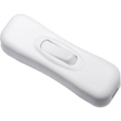 A white rocker switch for electrical devices, rectangular in shape with rounded corners, with a central rocker switch on the surface.