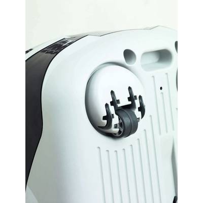 A white appliance with a wheel and insertion holders on the underside, possibly part of a vacuum cleaner or cleaning device.