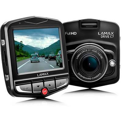 A dashcam with a screen showing a motorway recording. It has labels like 'Full HD' and 'Lamax Drive C7'.