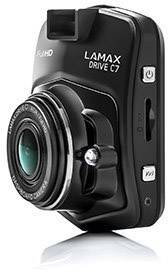 Black dashcam with lens and side control buttons, model 'LAMAX DRIVE C7'. Suitable for car recordings in Full HD.