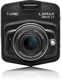 A black dashcam with the inscription 'LAMAX DRIVE C7 Full HD', positioned centrally in the image.