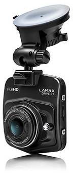 Dashcam with suction cup mount, black casing, lens label 'Full HD, DRIVE C7', suitable for vehicle recordings.