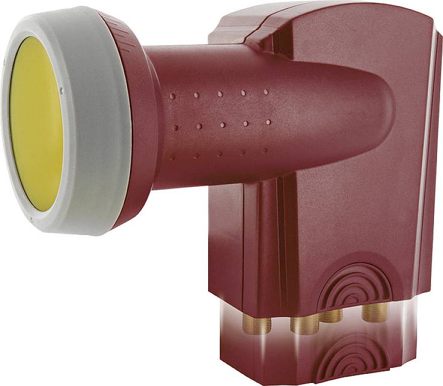 Red LNB device with grey and yellow head, typically used for satellite reception, with four connections on the underside.