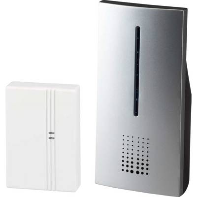 A wireless doorbell with a modern, silver receiver and a small, white transmitter, suitable for home use.