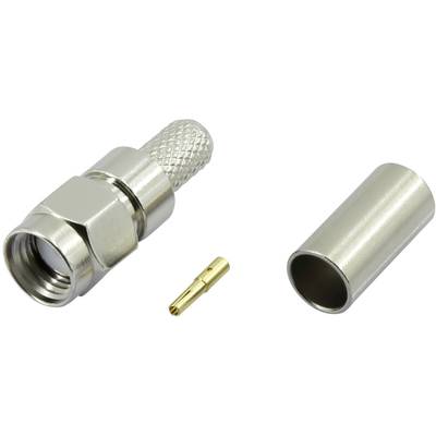Coaxial cable connector component comprising three parts: a metallic connector housing, a gold pin contact, and a cylindrical sleeve.
