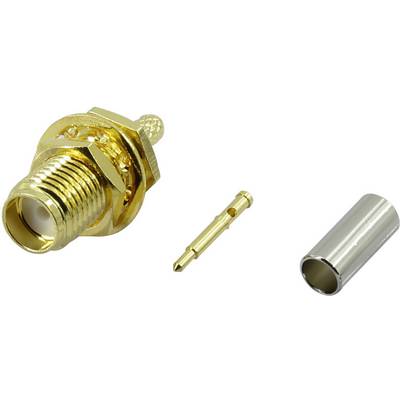 Three separate parts of a coaxial connector: a gold-coloured socket, a pin and a silver sleeve, disassembled.