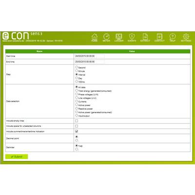 Start and end time fields, step setting, file selection, export options such as delimiter and decimal point, "Submit" button.