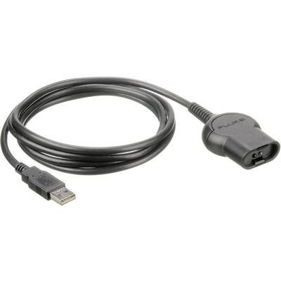 A black USB cable with a rectangular connector on one side and a special Fluke plug on the other side.