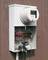 An electrical meter housing mounted on a wooden wall, with visible coloured cables and fuses inside the enclosure.