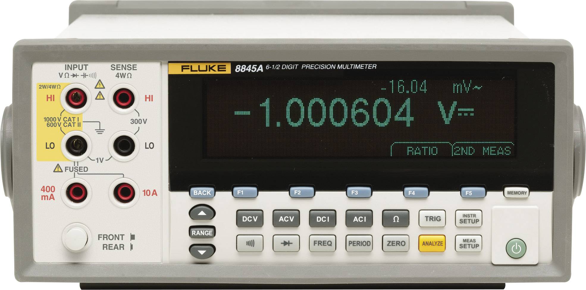 Digital multimeter displays '1.000604 V'. Range selector switch: ACV, DCV, Ω, mA, A. Inputs: 400mA, 10A. Display backlit, grey casing.