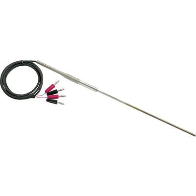 A long, metallic temperature probe with cable entry and four terminals for measuring electrical signals.