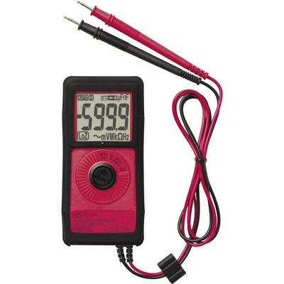 A digital multimeter with a red casing displays '-5999' on the screen. Two test leads, one red and one black, are connected.