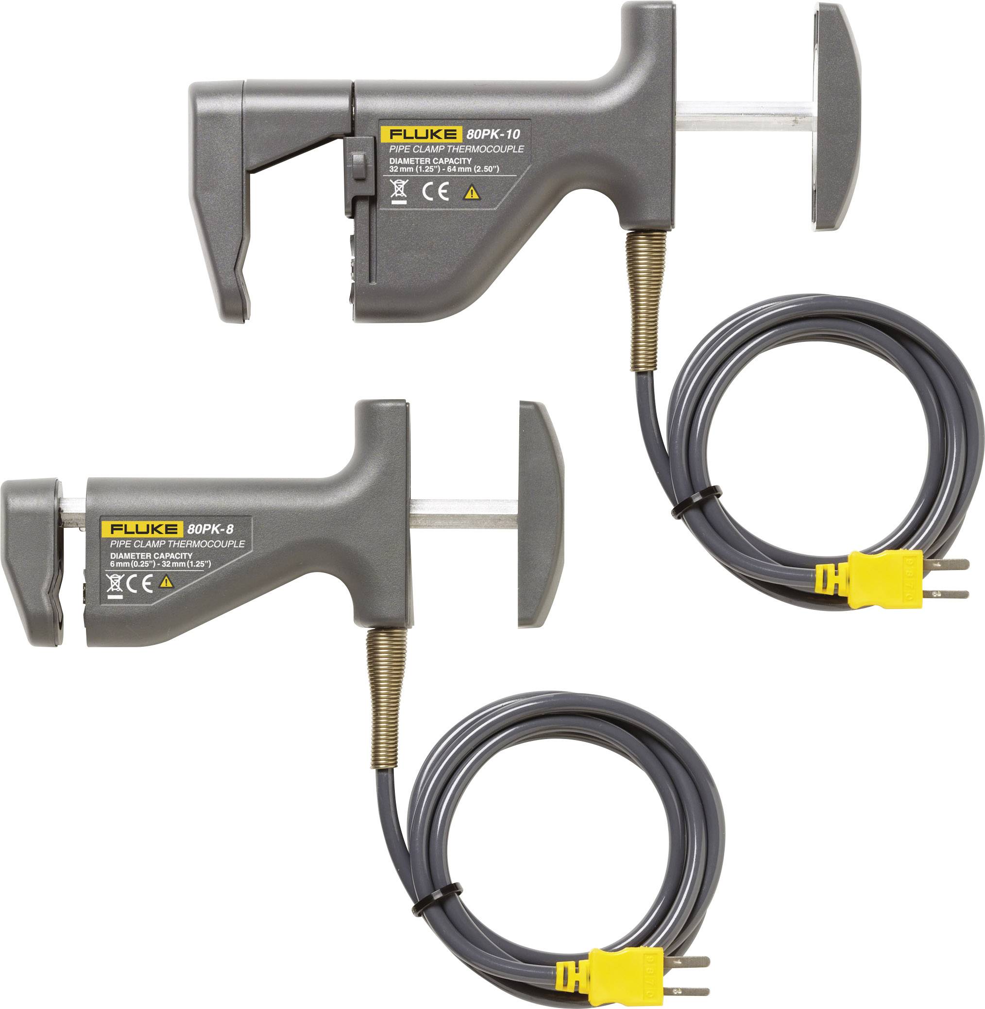 Two grey temperature sensors with yellow plugs for measuring temperatures in electrical devices; model numbers printed.