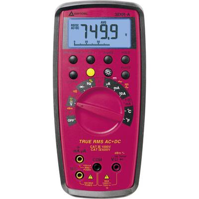 A red digital multimeter with a blue display shows '749.9'. It has numerous buttons for various measurement functions.