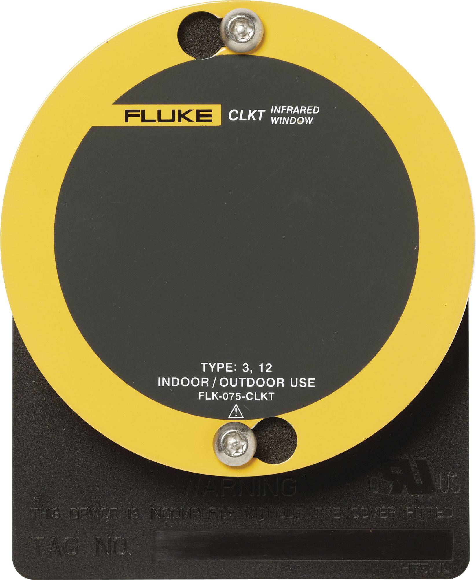 A round, yellow and black device with 'FLUKE' printed on it, suitable for indoor and outdoor use. Model and type details are visible.