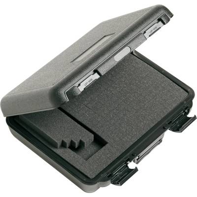 'Black, open suitcase with foam lining, suitable for secure storage of delicate items.'